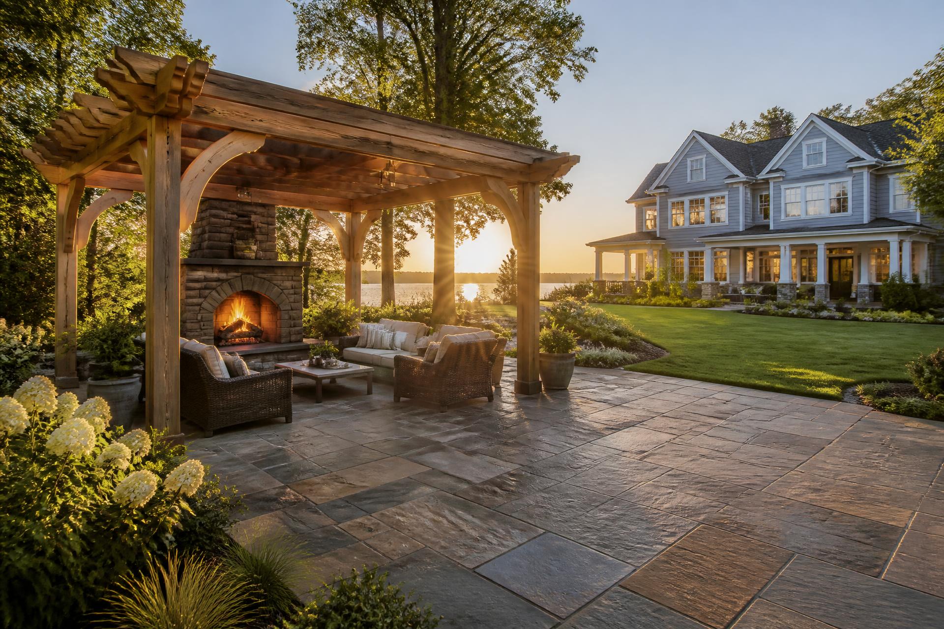 Paver patio with cedar pergola and stone outdoor fireplace at sunset